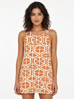 Utility Canvas Dress XS Women's Orange Mod Print Sleeveless A Line Keyhole Back